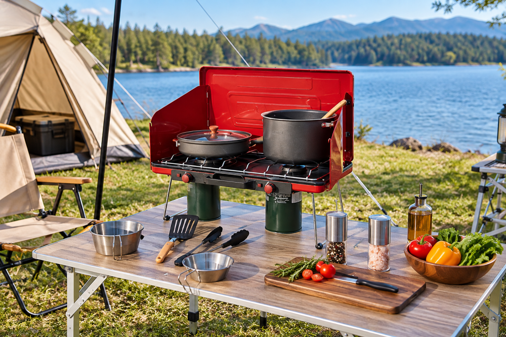 Portable two-burner camping stove with cookware at an outdoor campsite