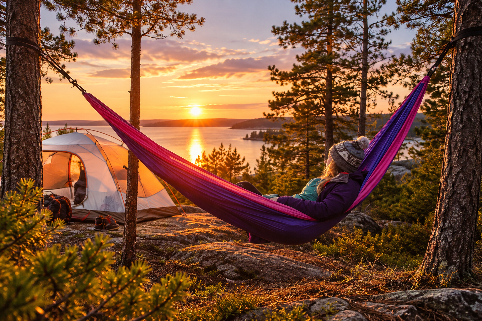 Camping hammock suspended between trees at a lakeside campsite