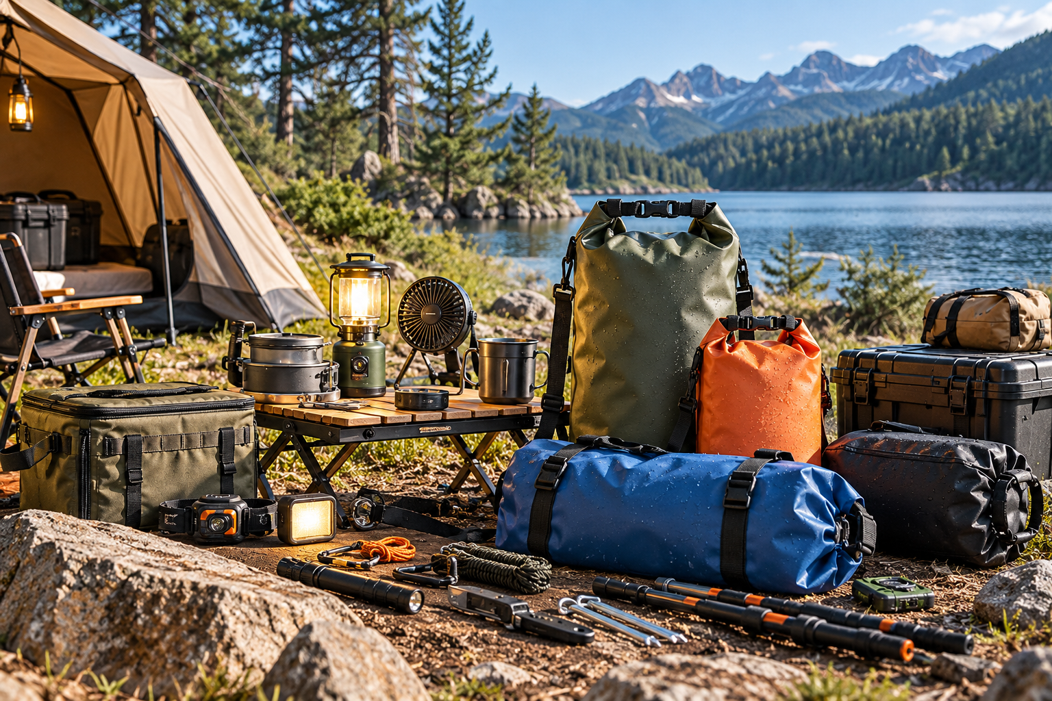 Camping and outdoor accessories including dry bags and waterproof storage