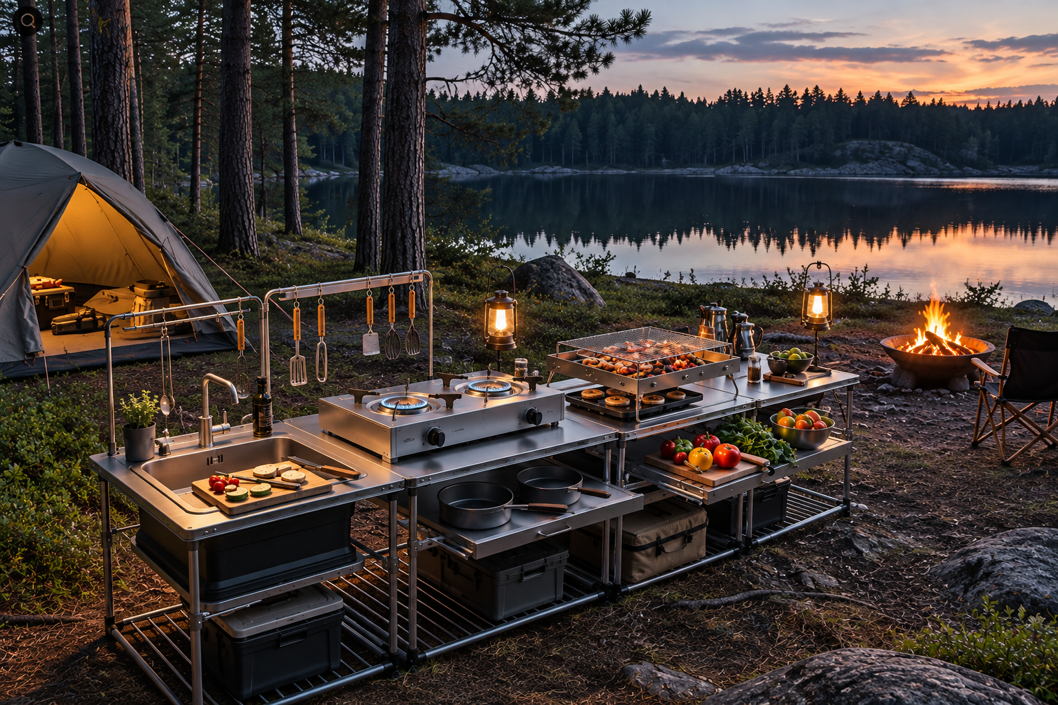Outdoor cooking equipment with camping stove, cookware and BBQ grill at a lakeside campsite